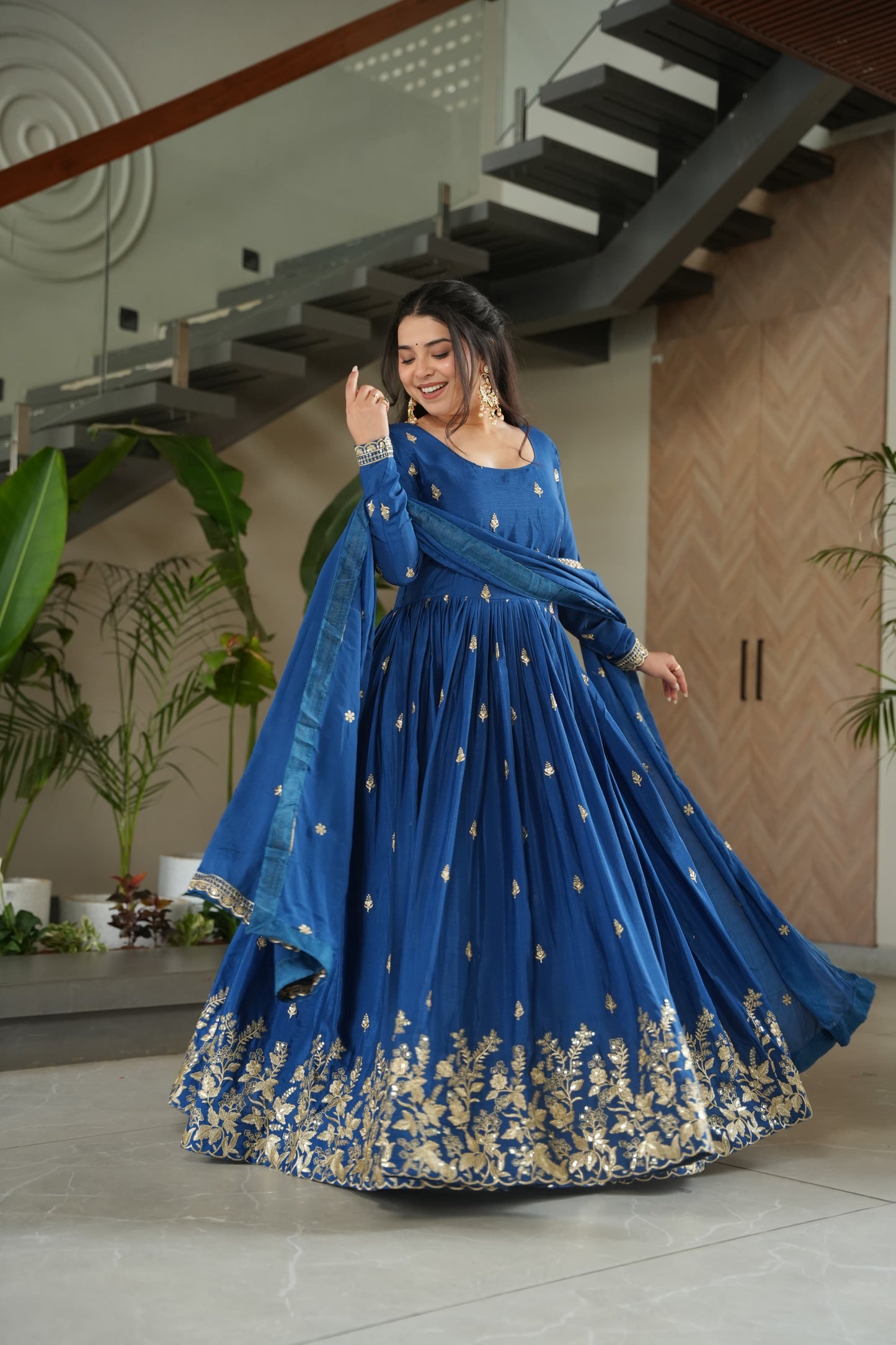 Royal Sapphire Blue Designer Chinon Embroidered Gown