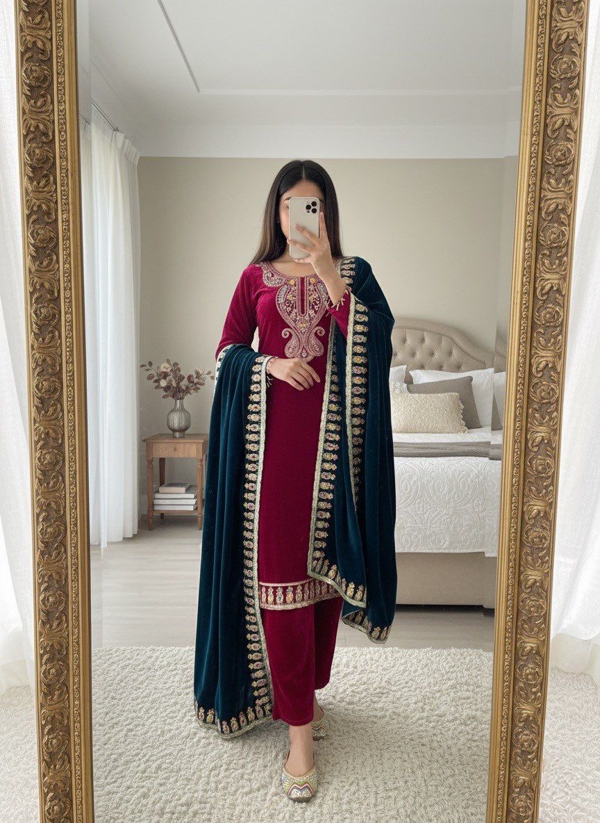 Velvet Elegance Party Wear Set – “Royal Rouge