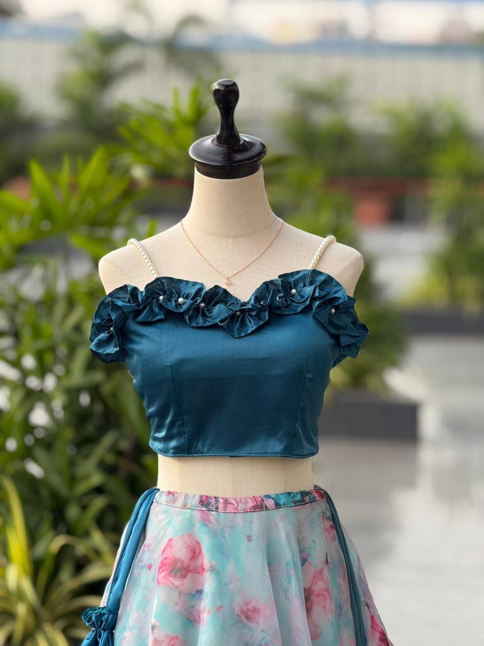 AURA BLOOM” – Teal & Floral Organza Designer Lehenga Set
