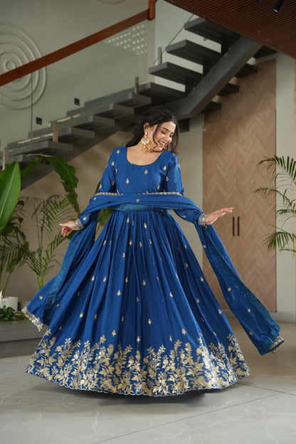 Royal Sapphire Blue Designer Chinon Embroidered Gown