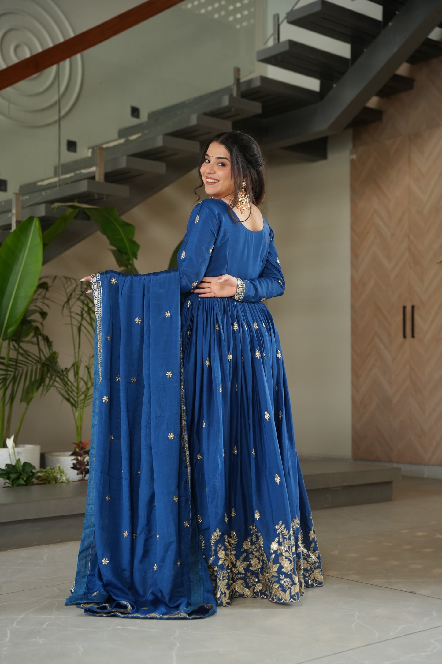 Royal Sapphire Blue Designer Chinon Embroidered Gown