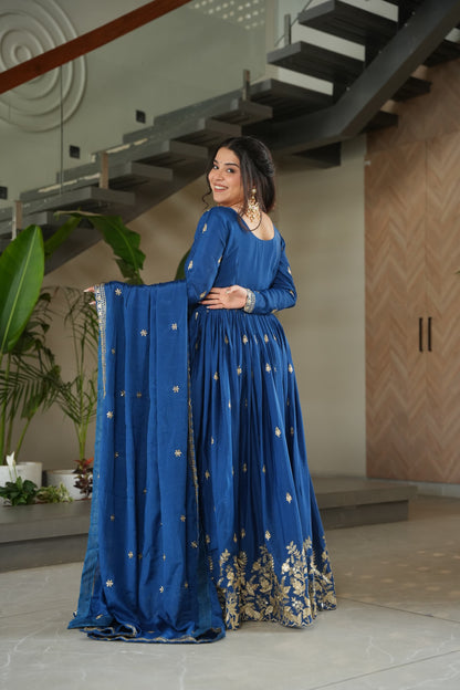 Royal Sapphire Blue Designer Chinon Embroidered Gown