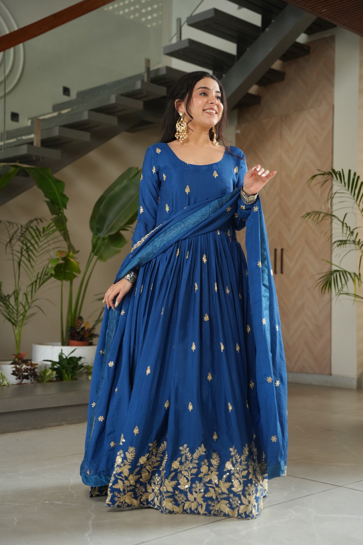 Royal Sapphire Blue Designer Chinon Embroidered Gown