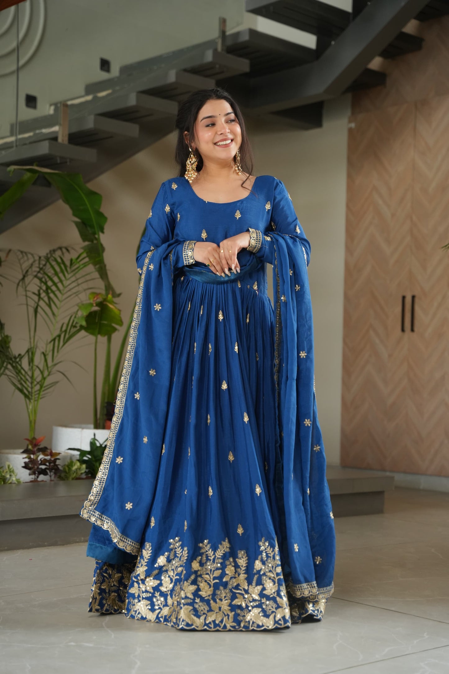 Royal Sapphire Blue Designer Chinon Embroidered Gown