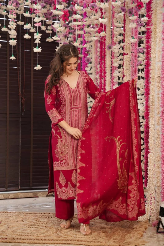 Elegant Maroon Embroidered Suit Set