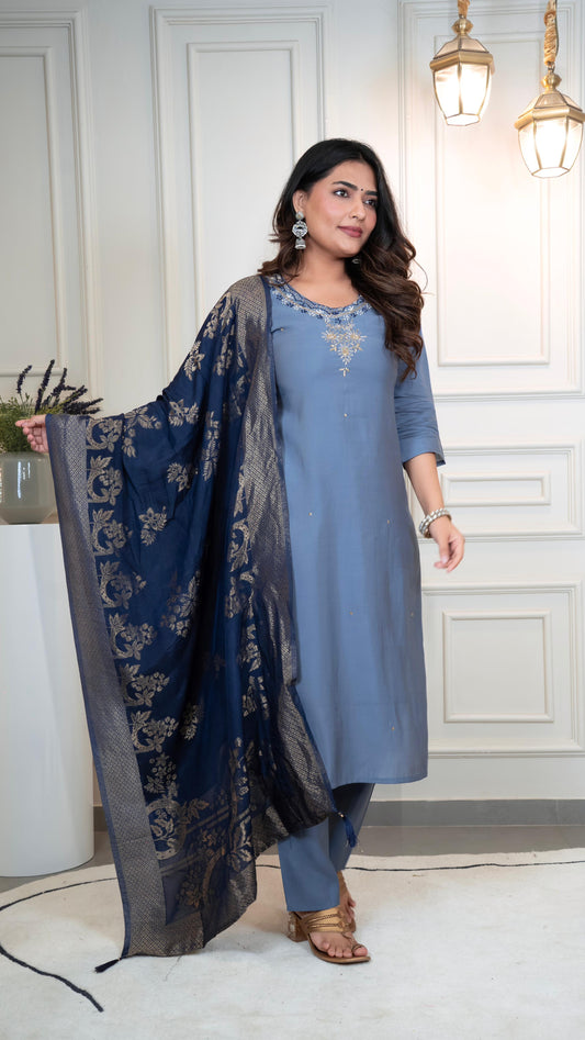 Elegant Steel Blue Roman Silk Kurti Set with Jacquard Dupatta