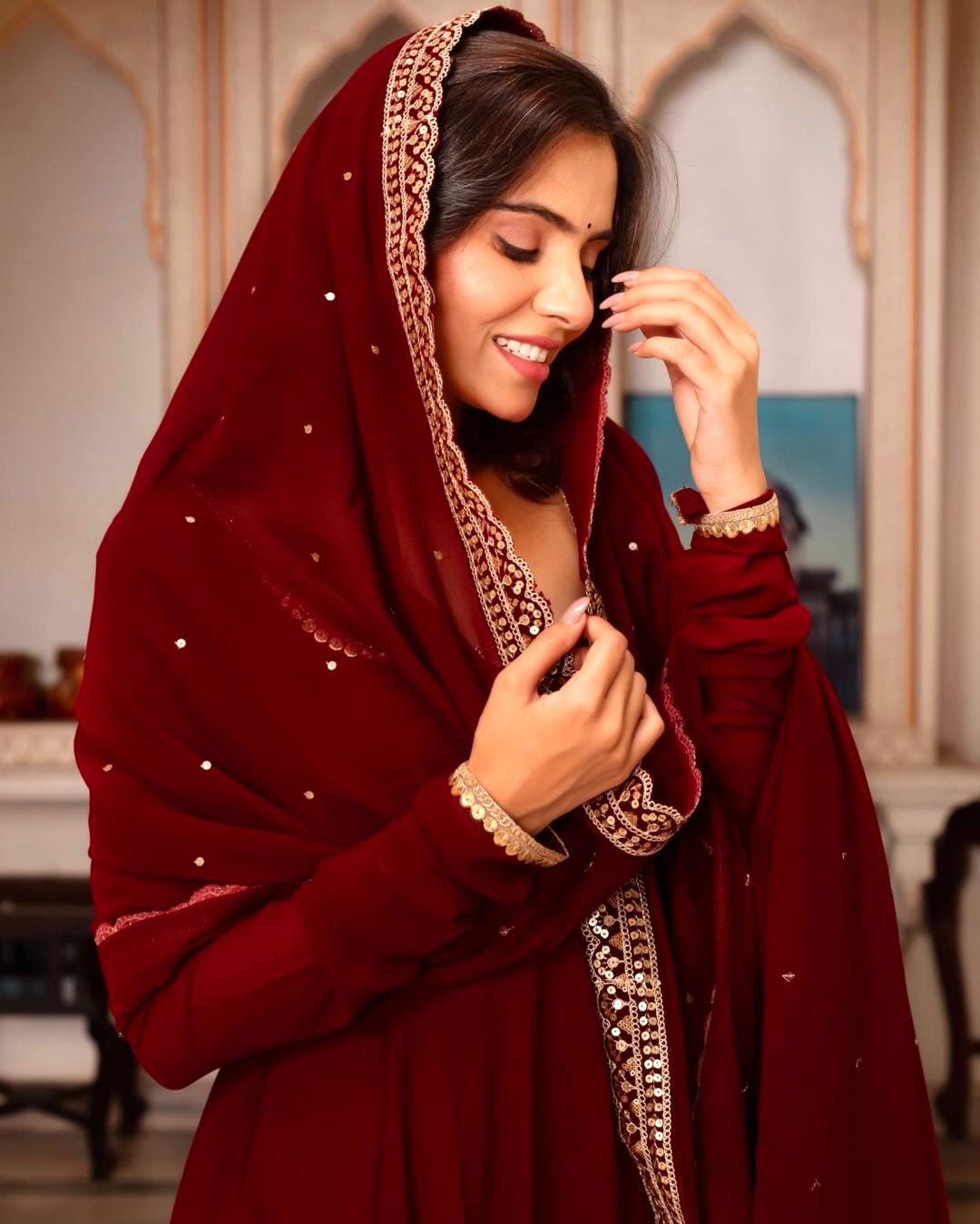 PREMIUM DESIGNER FAUX GEORGETTE GOWN–PANT–DUPATTA SET