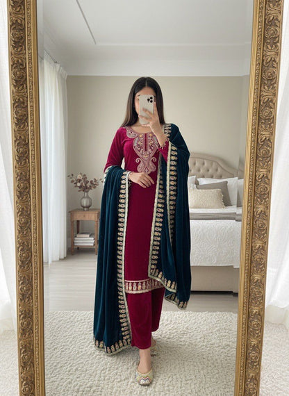 Velvet Elegance Party Wear Set – “Royal Rouge