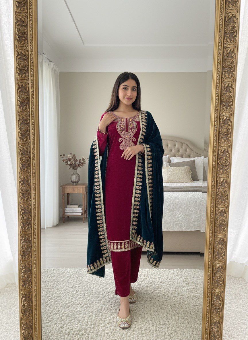 Velvet Elegance Party Wear Set – “Royal Rouge
