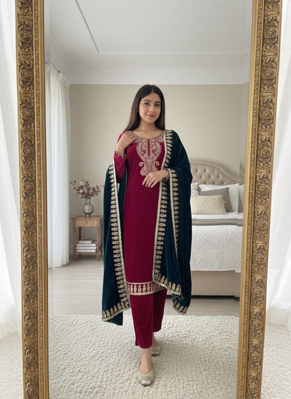 Velvet Elegance Party Wear Set – “Royal Rouge