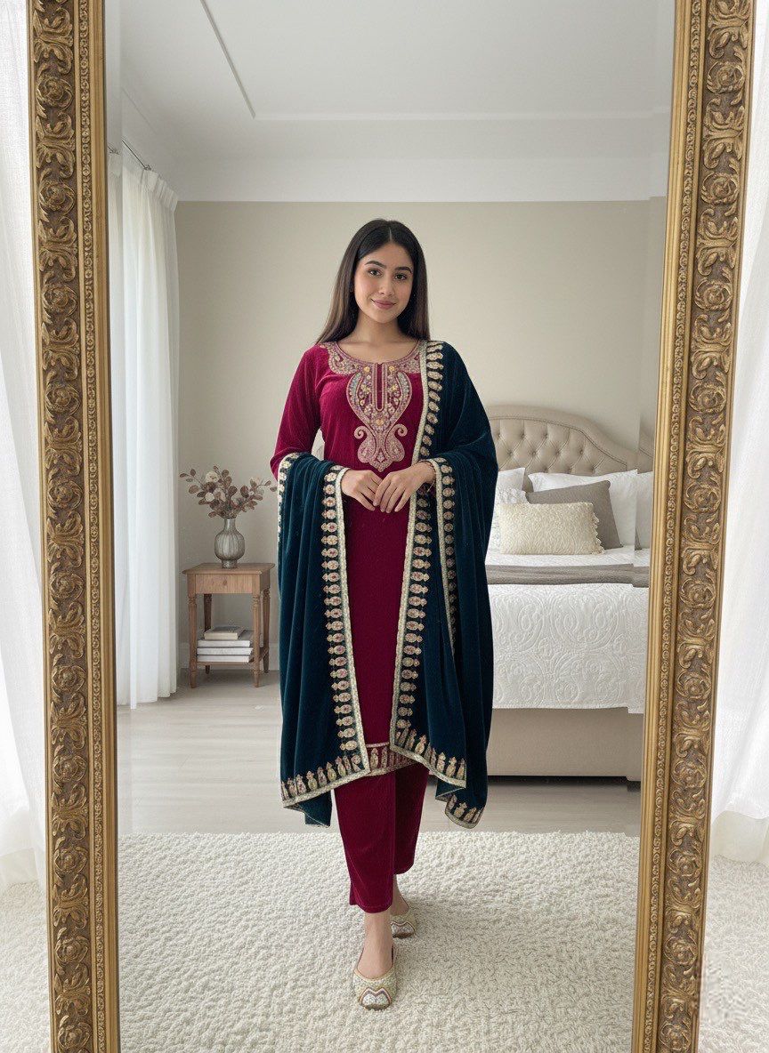 Velvet Elegance Party Wear Set – “Royal Rouge