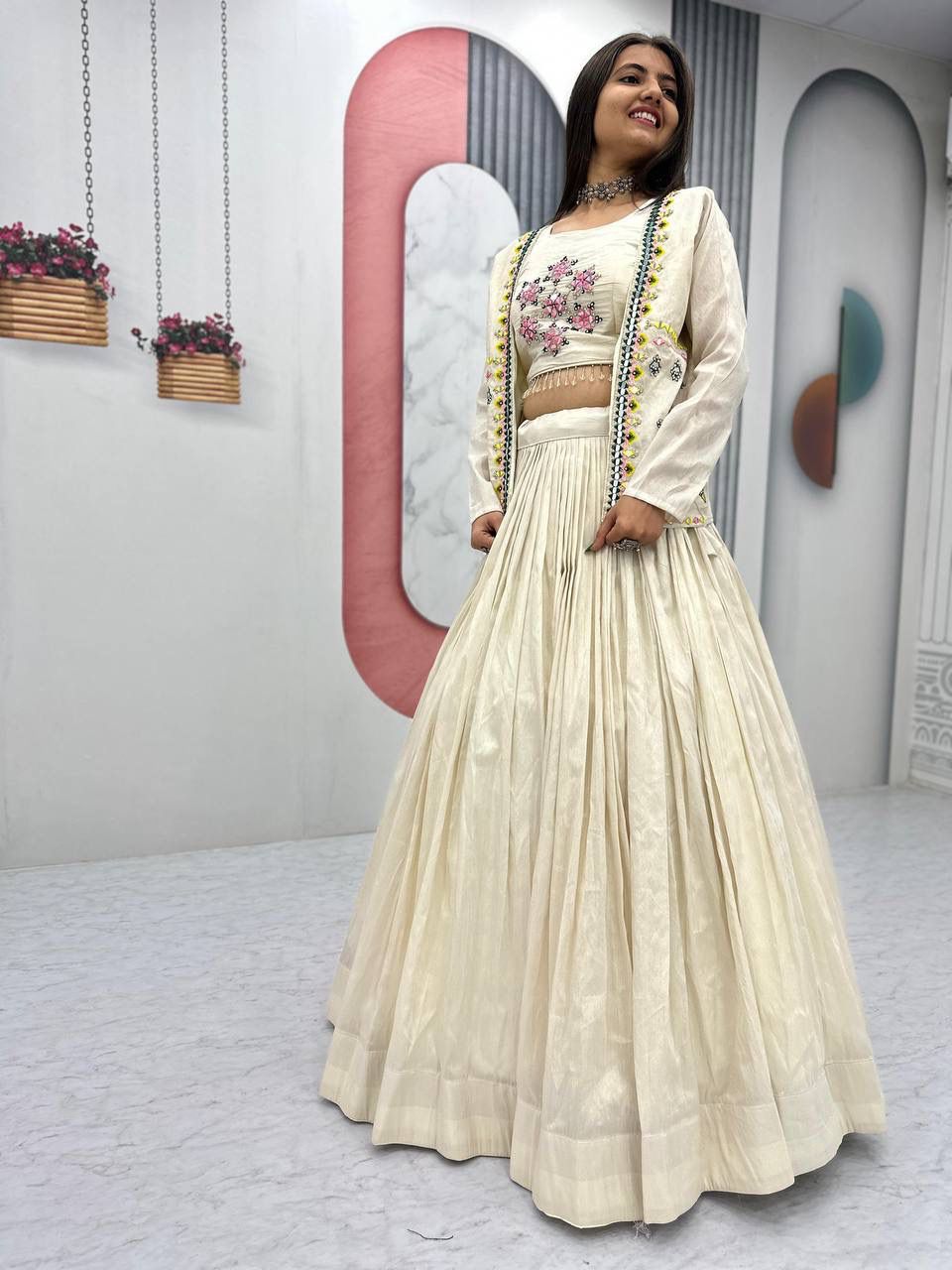 Aarvi – Handcrafted Ivory Tissue Crop Top Lehenga Set