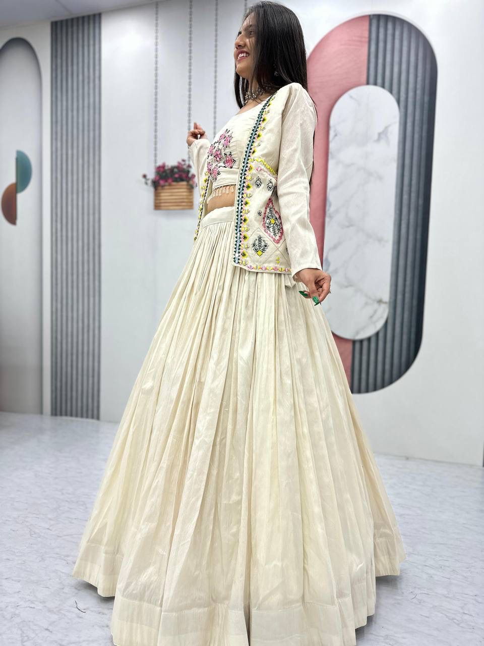 Aarvi – Handcrafted Ivory Tissue Crop Top Lehenga Set