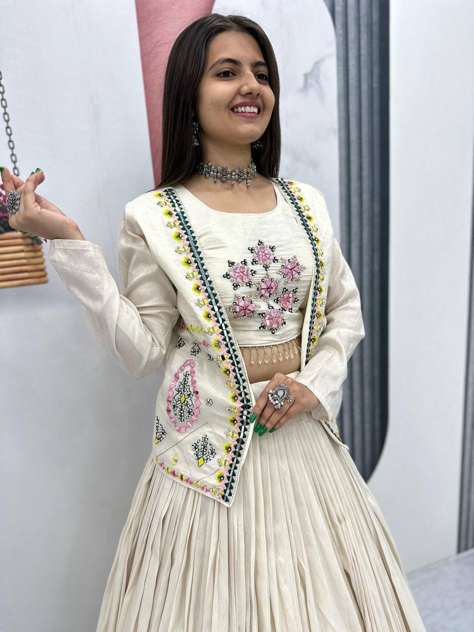 Aarvi – Handcrafted Ivory Tissue Crop Top Lehenga Set