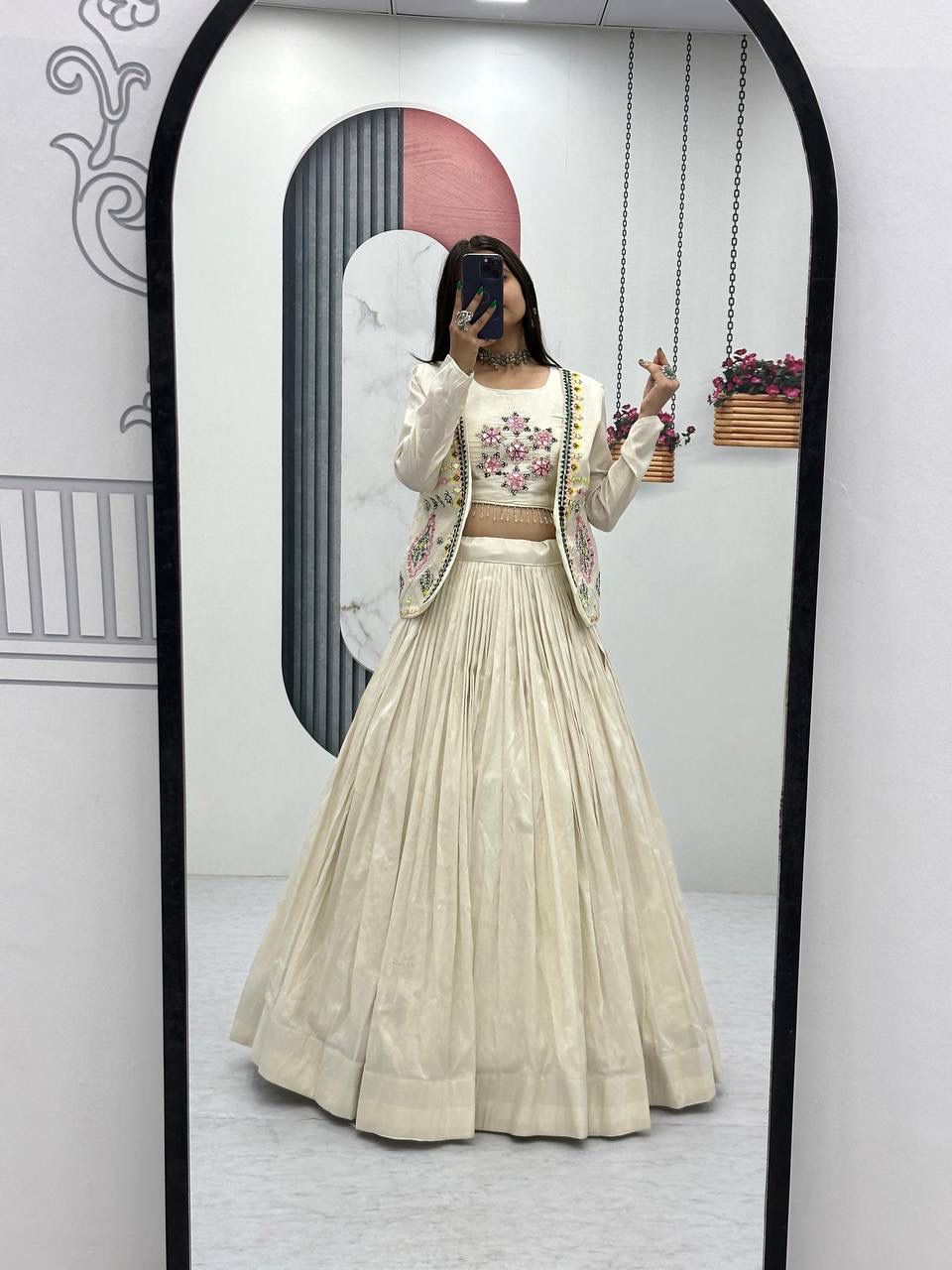Aarvi – Handcrafted Ivory Tissue Crop Top Lehenga Set