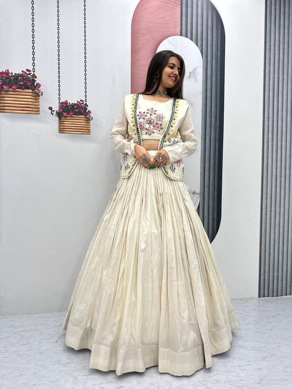 Aarvi – Handcrafted Ivory Tissue Crop Top Lehenga Set