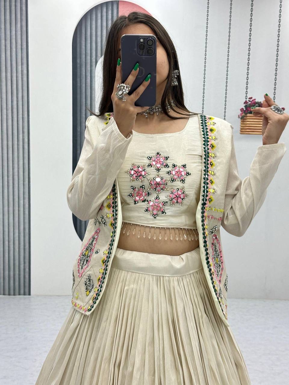 Aarvi – Handcrafted Ivory Tissue Crop Top Lehenga Set