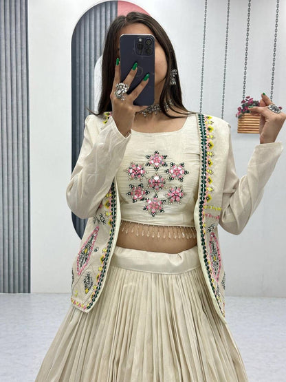 Aarvi – Handcrafted Ivory Tissue Crop Top Lehenga Set