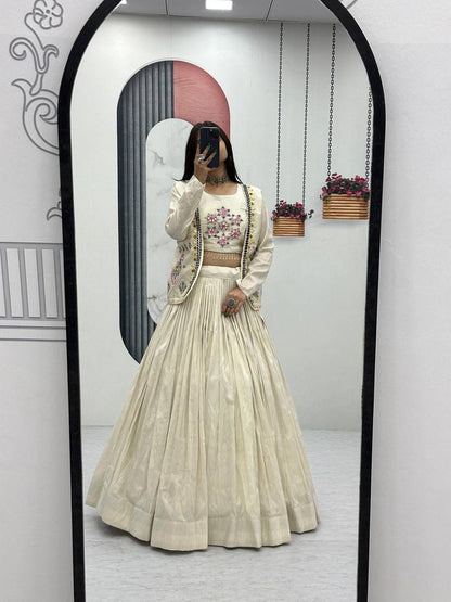 Aarvi – Handcrafted Ivory Tissue Crop Top Lehenga Set