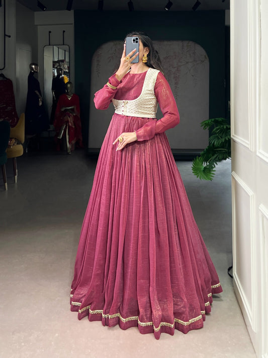 Rosé Royale Glossy Gown With Embroidered Koti