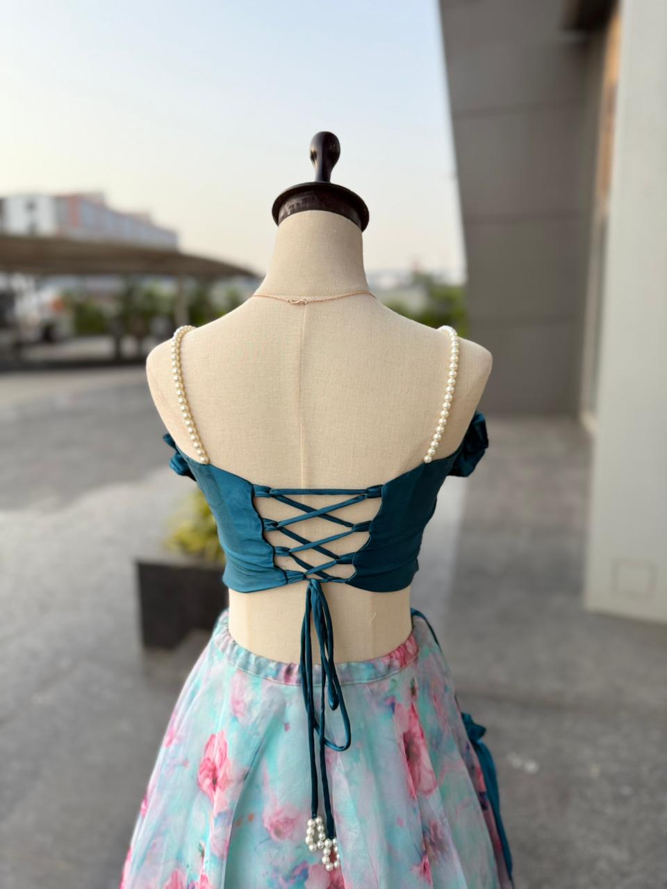 AURA BLOOM” – Teal & Floral Organza Designer Lehenga Set