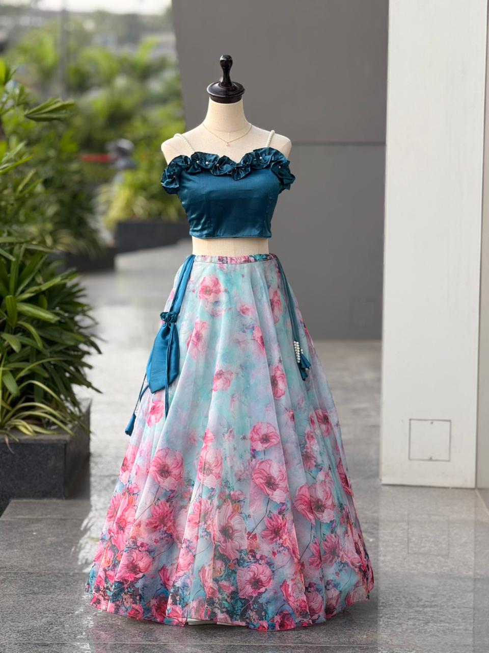 AURA BLOOM” – Teal & Floral Organza Designer Lehenga Set
