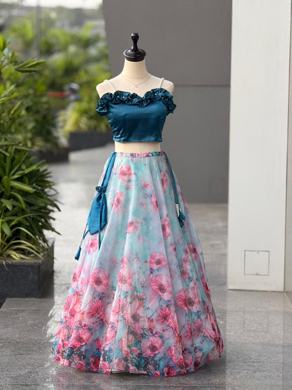 AURA BLOOM” – Teal & Floral Organza Designer Lehenga Set