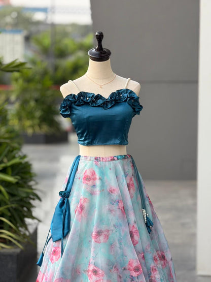 AURA BLOOM” – Teal & Floral Organza Designer Lehenga Set