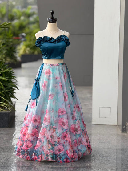 AURA BLOOM” – Teal & Floral Organza Designer Lehenga Set