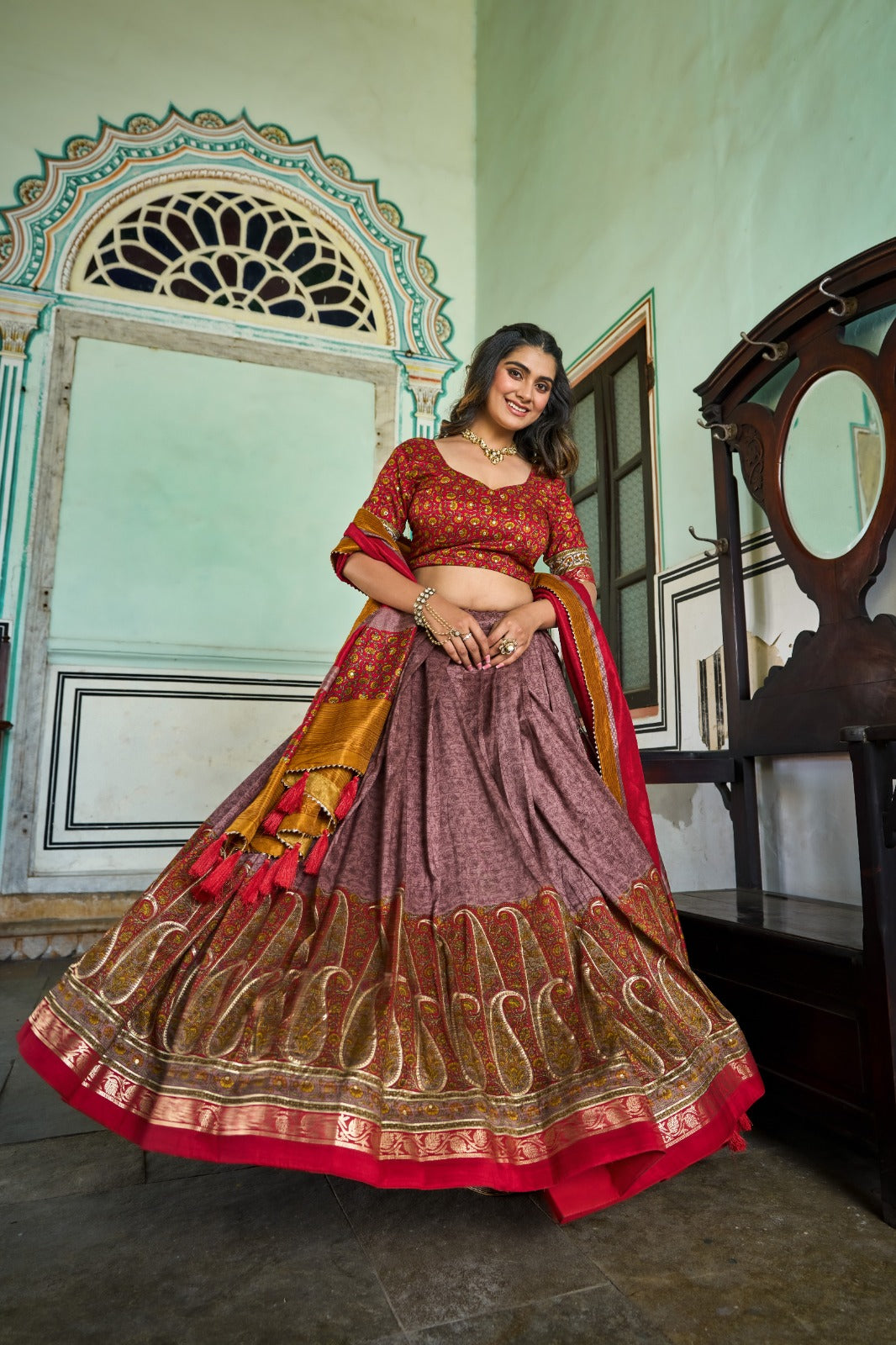 NOOR-E-KASHMIR” – Royal Tussar Silk Kashmiri Print Lehenga Set
