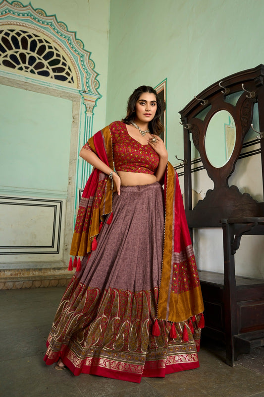 NOOR-E-KASHMIR” – Royal Tussar Silk Kashmiri Print Lehenga Set