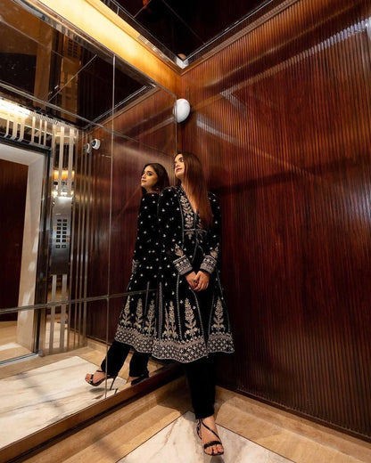 Premium Designer Velvet Embroidered Anarkali Gown Set