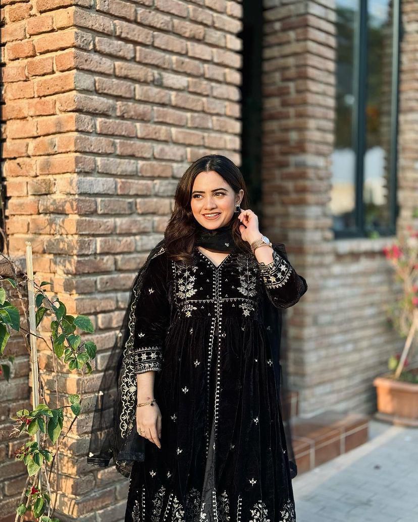 Premium Designer Velvet Embroidered Anarkali Gown Set