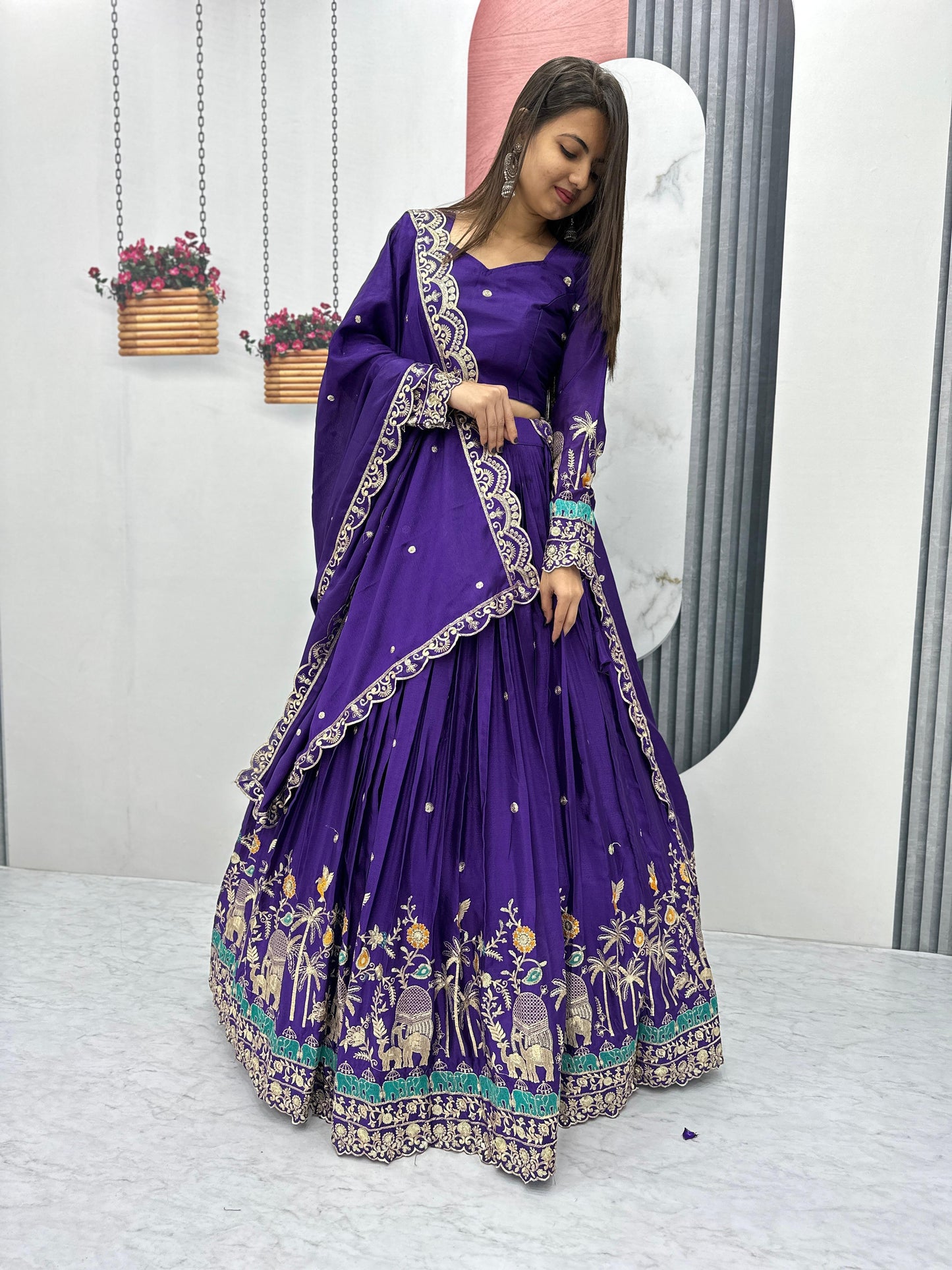 RAJRANI” – Royal Violet Chinon Embroidered Lehenga Choli