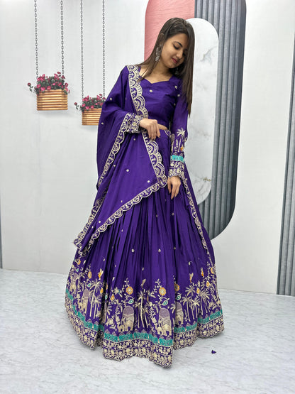RAJRANI” – Royal Violet Chinon Embroidered Lehenga Choli