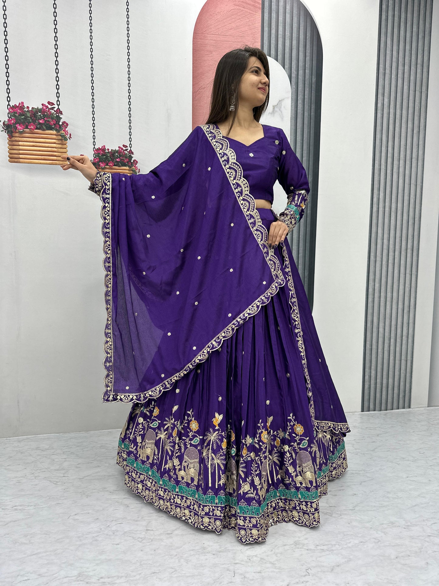 RAJRANI” – Royal Violet Chinon Embroidered Lehenga Choli