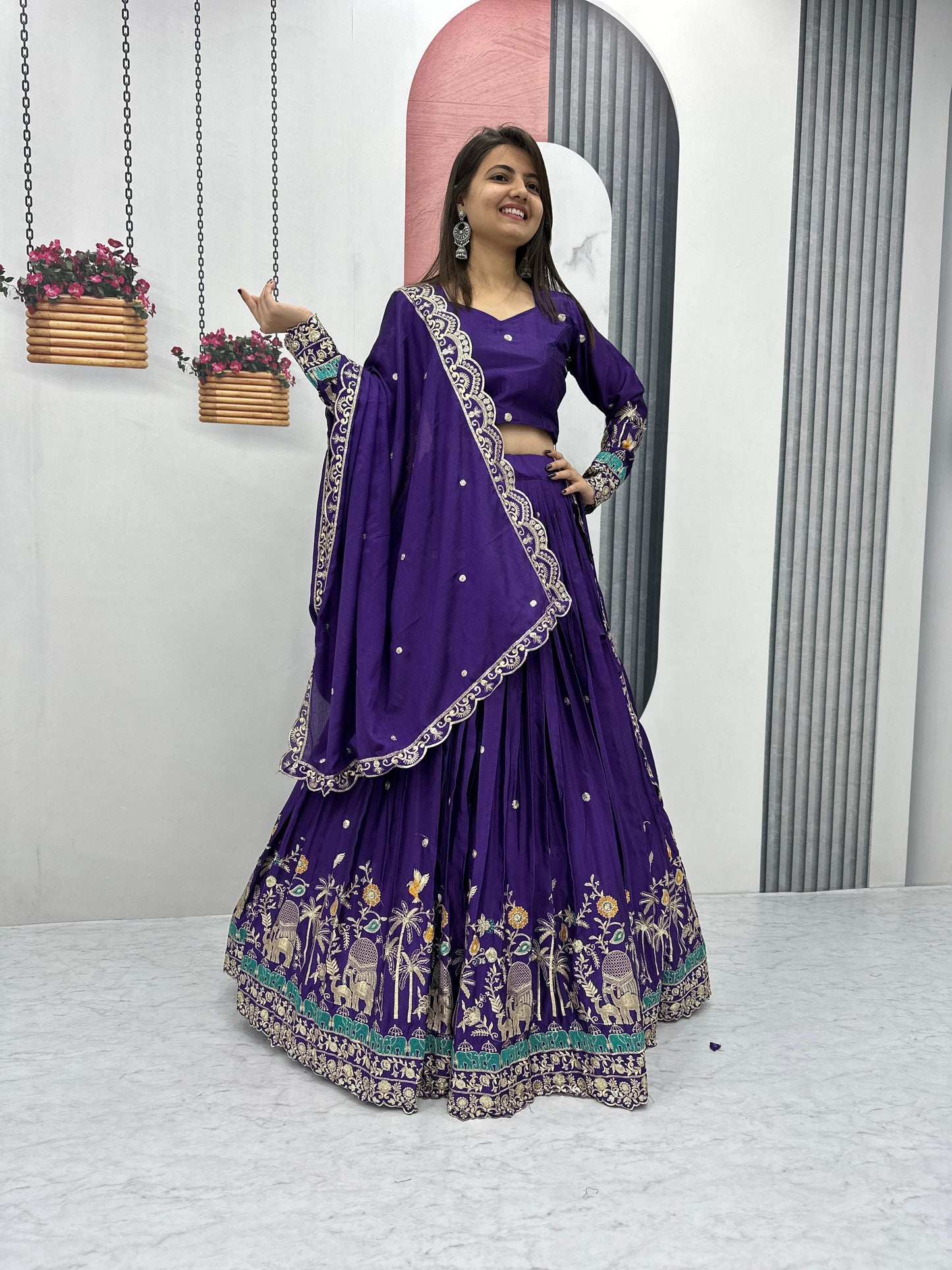 RAJRANI” – Royal Violet Chinon Embroidered Lehenga Choli