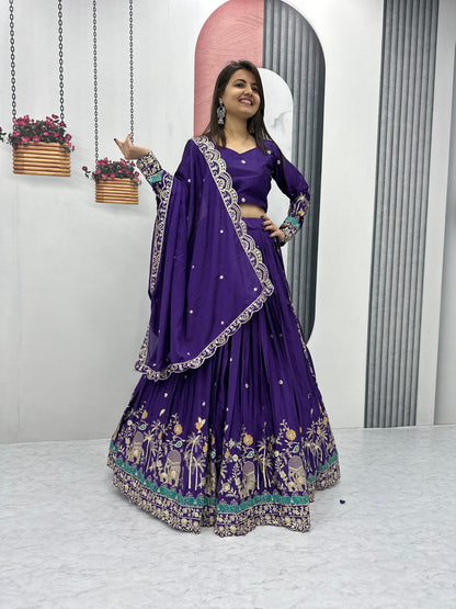RAJRANI” – Royal Violet Chinon Embroidered Lehenga Choli