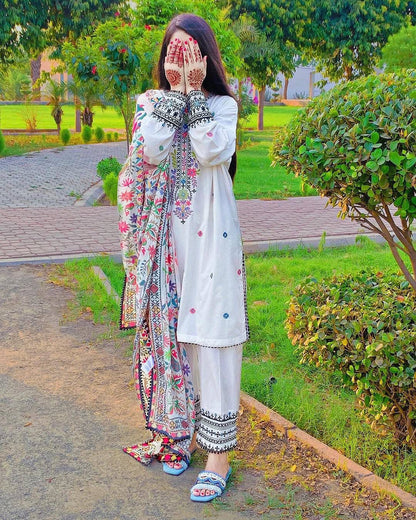 Premium Muslin Cotton Embroidered Kurti–Pant Set with Digital Print Dupatta