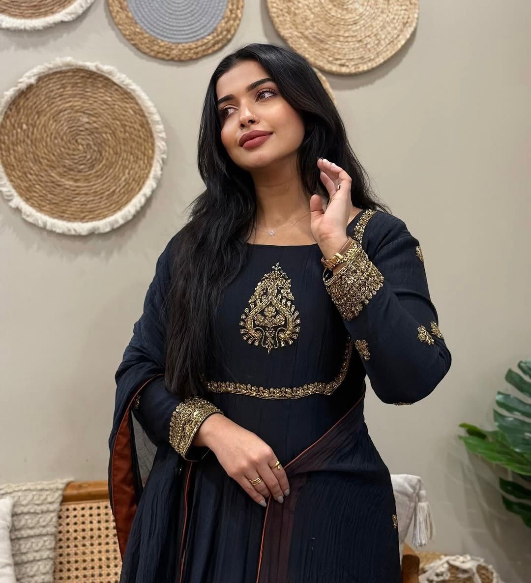 “Noir Elara Embroidered Gown