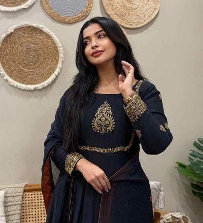 “Noir Elara Embroidered Gown