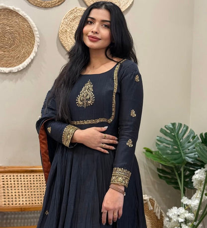 “Noir Elara Embroidered Gown