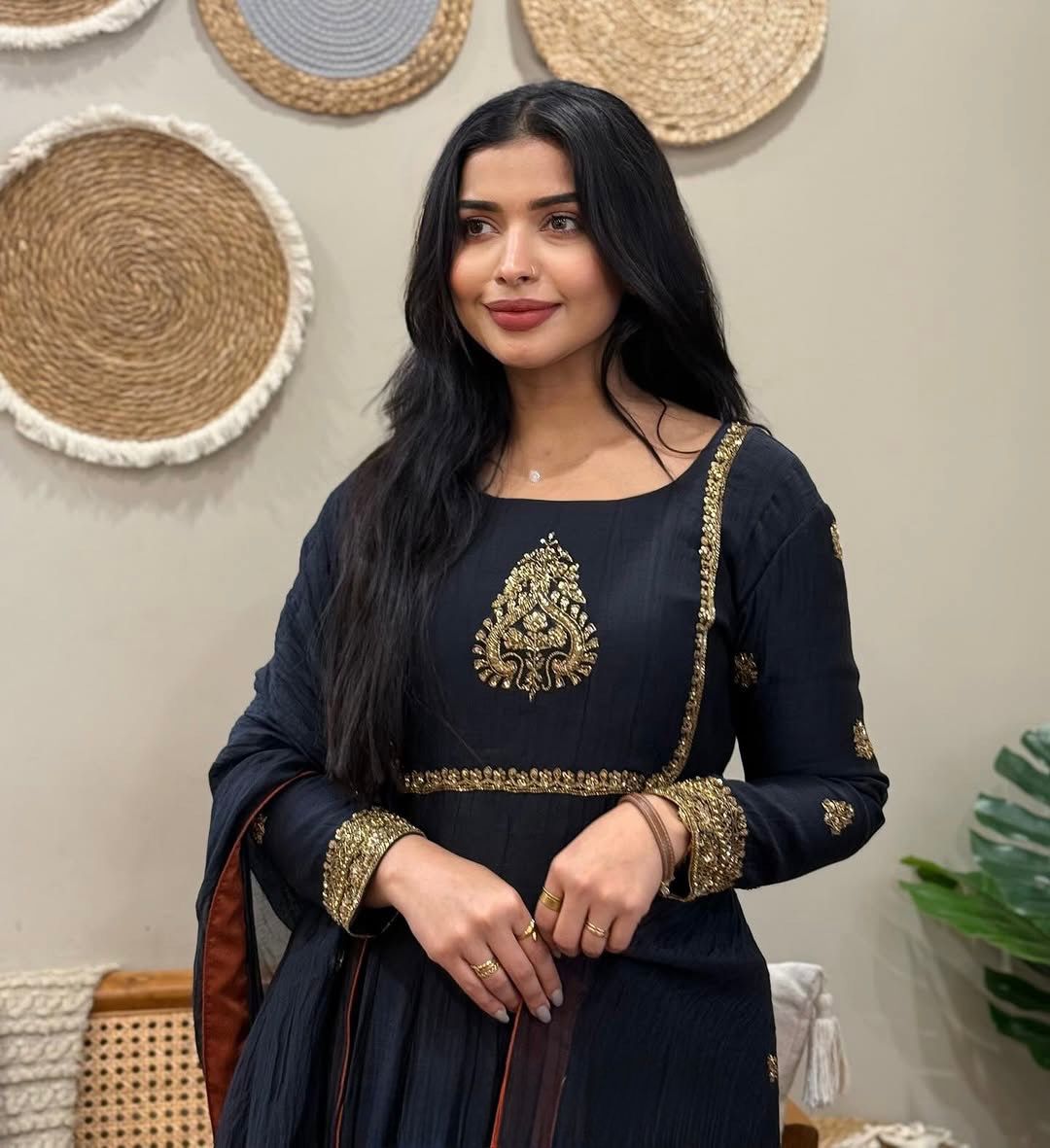 “Noir Elara Embroidered Gown