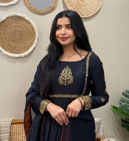 “Noir Elara Embroidered Gown