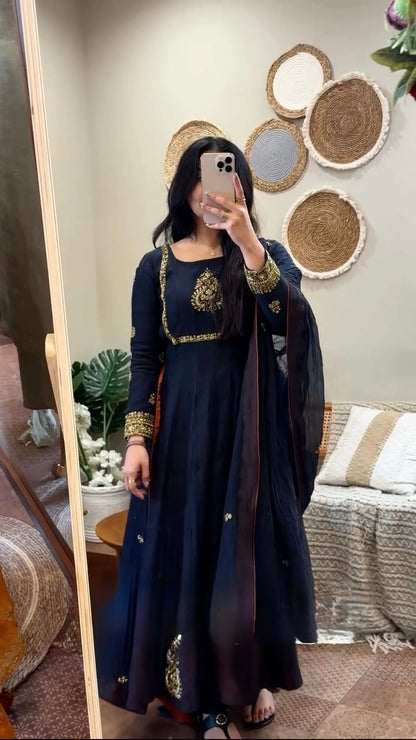 “Noir Elara Embroidered Gown