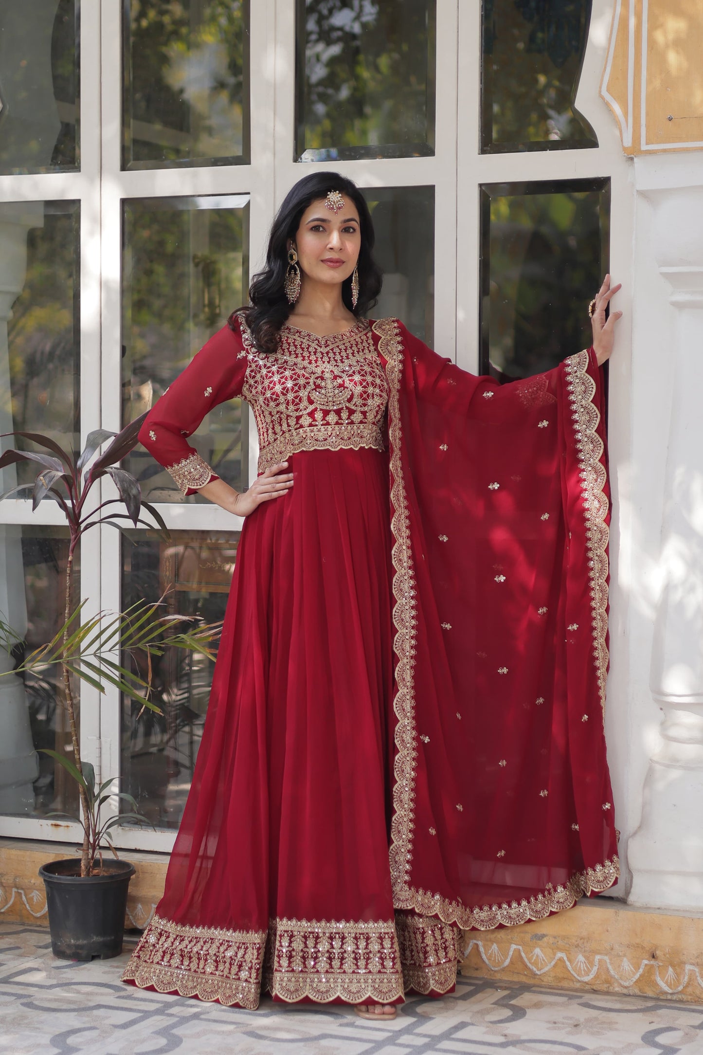 Royal Maroon Faux Blooming Embroidered Gown with Dupatta