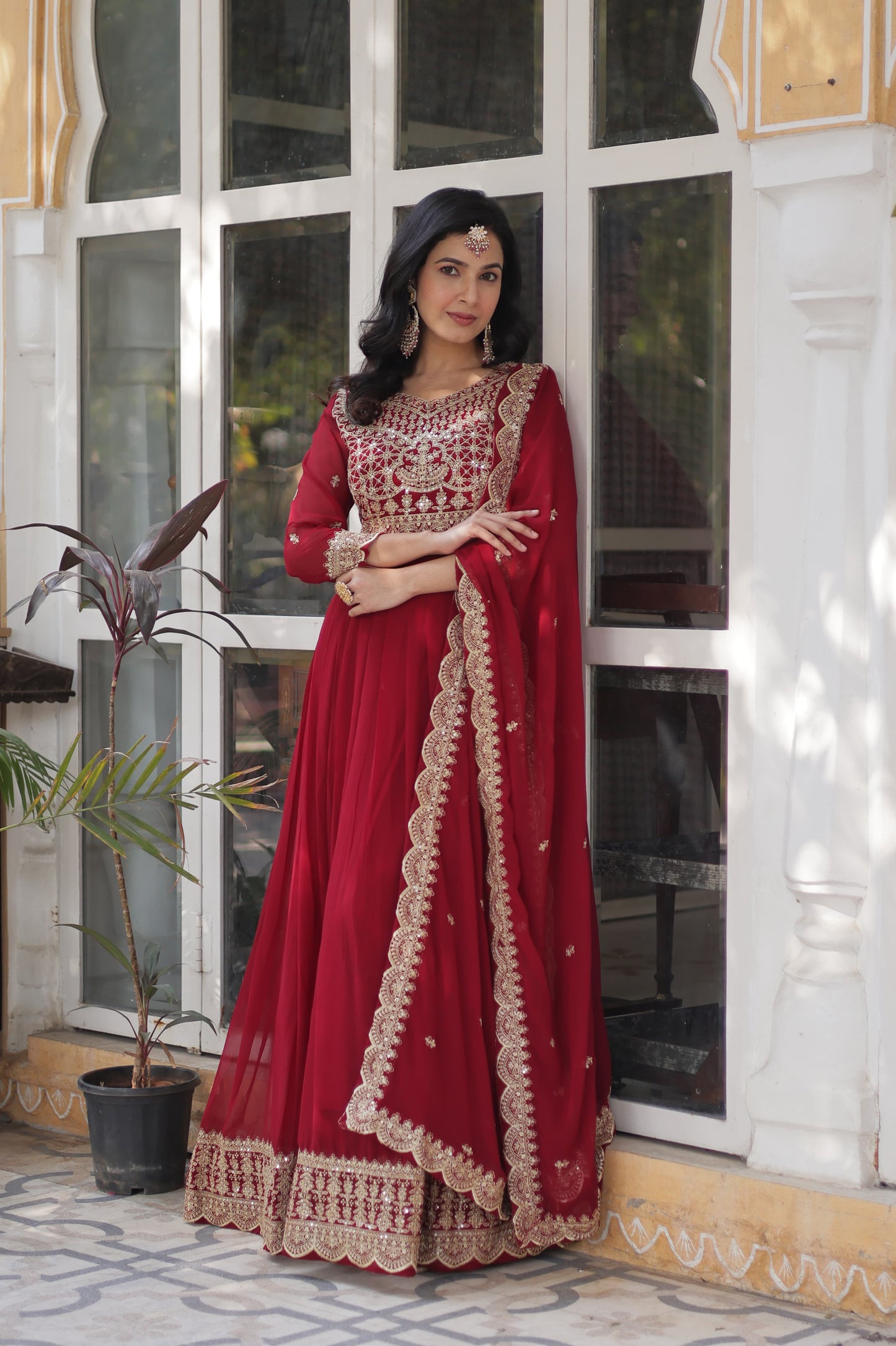 Royal Maroon Faux Blooming Embroidered Gown with Dupatta