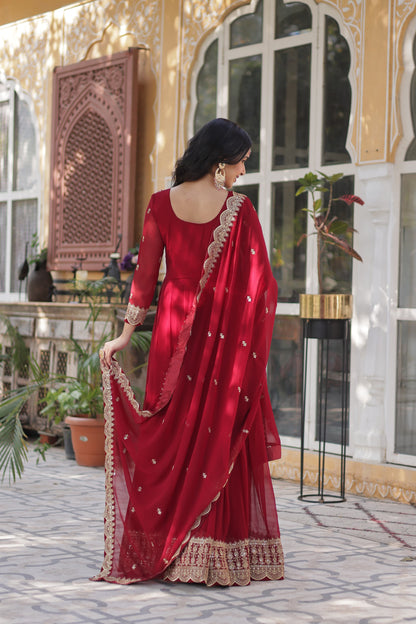 Royal Maroon Faux Blooming Embroidered Gown with Dupatta