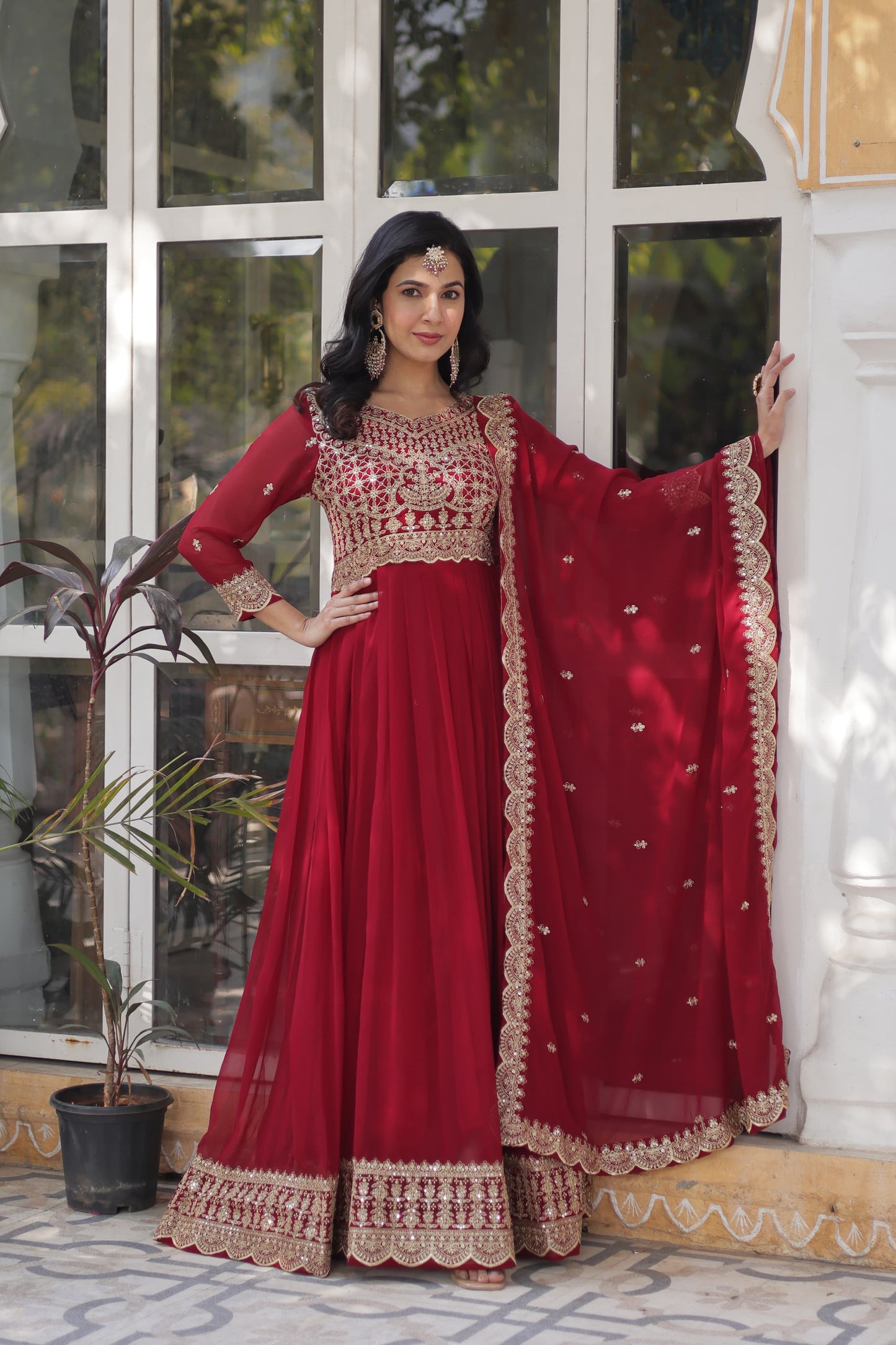 Royal Maroon Faux Blooming Embroidered Gown with Dupatta