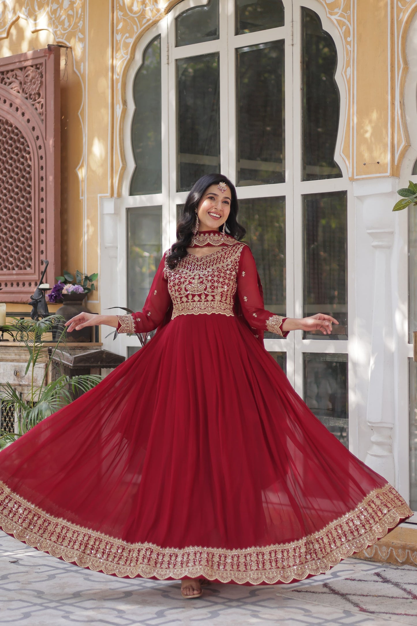 Royal Maroon Faux Blooming Embroidered Gown with Dupatta